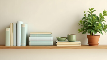 Elegant still life featuring stacked books a potted plant and decorative bowls creating a tranquil and inviting atmosphere