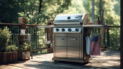 A clean gas grill is ready for cooking on a sunny day with patriotic decorations nearby.