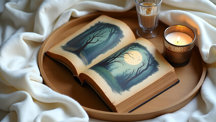 Elegant still life showcasing an open storybook, a decorative candle and a soothing drink on a wooden tray