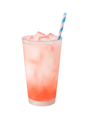 Watercolor pink cocktail with striped straw on transparent background.
