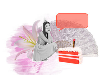 Creative full artwork collage of happy birthday girl sit cake piece candle wish flower lily...