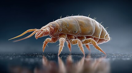 Ultra-realistic 3D render of a dust mite under microscope, showing detailed anatomy and surface texture for medical, allergy awareness, and educational purposes