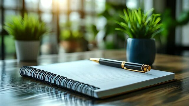 A pen rests on an open notebook placed on a polished wooden table. Green plants in pots add a refreshing touch to the well-lit workspace, promoting creativity and focus.