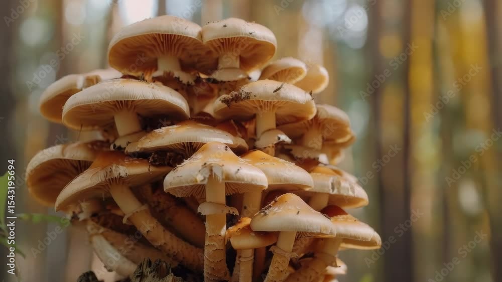 Poster close-up of a cluster of vibrant mushrooms in a forest setting. the captures the detailed texture an