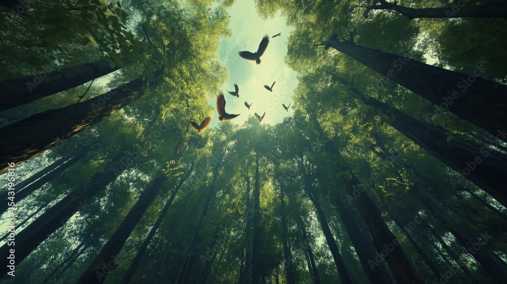 Aufkleber a clear view of birds soaring above tall trees in a vibrant forest during the day.