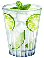 Watercolor mojito cocktail with lime and mint on transparent background.
