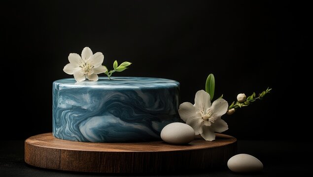 Elegant round cake with marbled blue icing, white flowers, and smooth stones