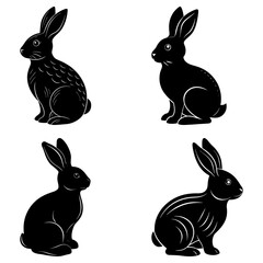 Fototapeta premium Four stylized black rabbits in different poses sitting against a white background in vector format design