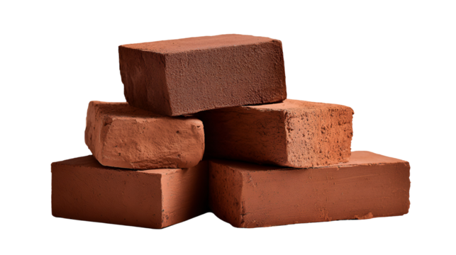 Stack of reddish brown clay bricks on black background