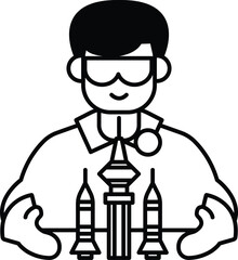 A man in a lab coat holding a rocket