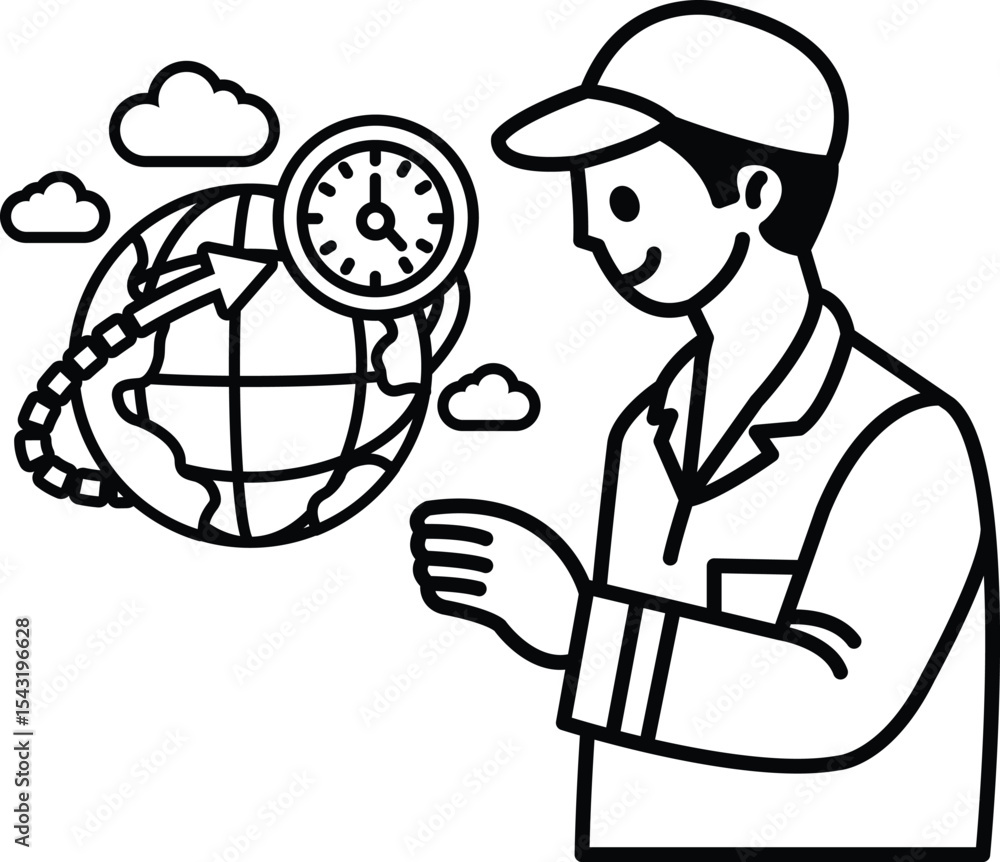 Poster a man is pointing at a clock that is showing the time as 3:00