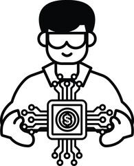 A man is holding a computer chip with a dollar sign on it