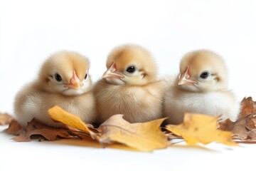 Three fluffy baby chicks adorable poultry easter spring farmyard animals yellow on White Background. Generative Ai