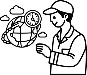 A man is pointing at a clock that is showing the time as 3:00