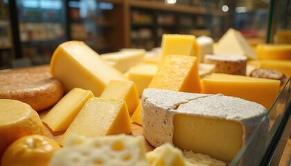 Variety cheeses assortment parmesan camembert cheddar display at supermarket. Dairy products, shop assortment of gourmet cheese slices retail. Assortment of delicious ingredients for meal. Close-up.