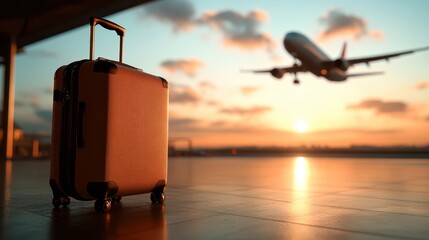 A suitcase sits on the airport floor as an airplane takes off in the background, illuminated by a stunning sunset, evoking feelings of adventure and travel.