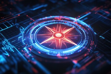 Digital compass glowing in dark, futuristic interface background, business direction metaphor
