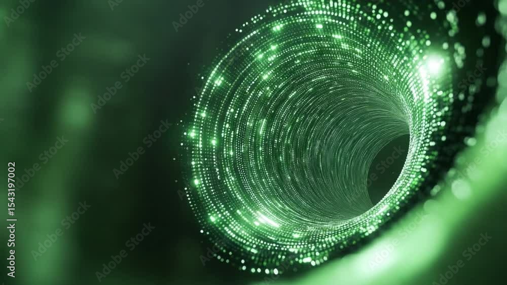 Poster Digital Tunnel of Light: An abstract, futuristic tunnel composed of shimmering green light particles, creating a sense of depth and speed, embodying the essence of modern technology and connectivity.