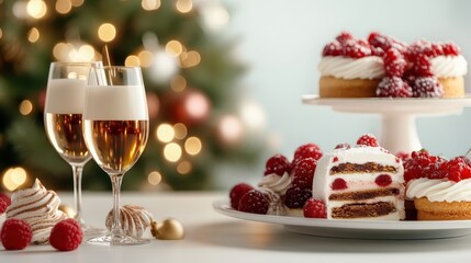 A beautifully arranged festive table with sparkling drinks and a variety of delicious desserts, ideal for celebrating special occasions and creating joyful memories.