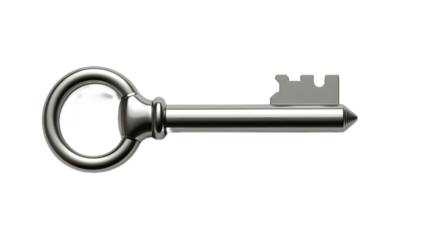 Shiny silver key with classic cut and metallic texture, isolated on transparent background—ideal for security, access, real estate, and digital design themes.
