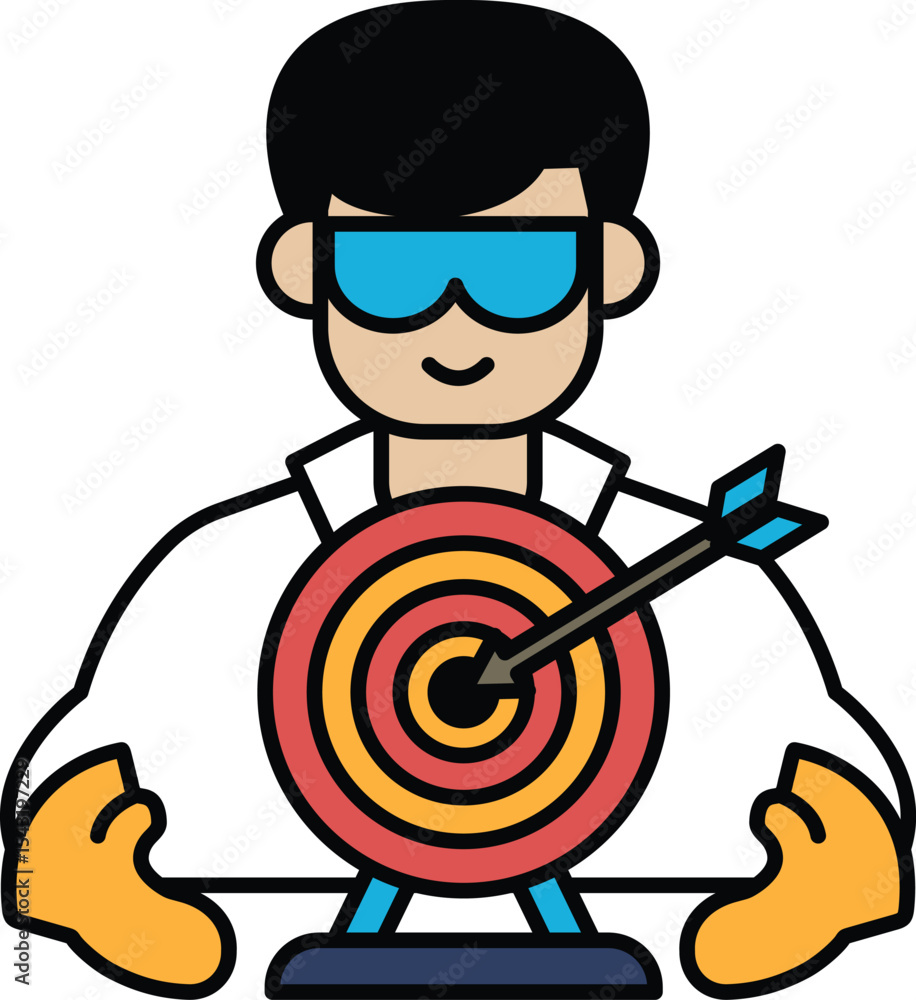 Poster a man in a lab coat is holding a bow and arrow, with a target in the background