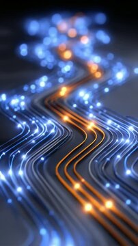 Fiber optic cables transmit pulses of light, creating a futuristic data flow