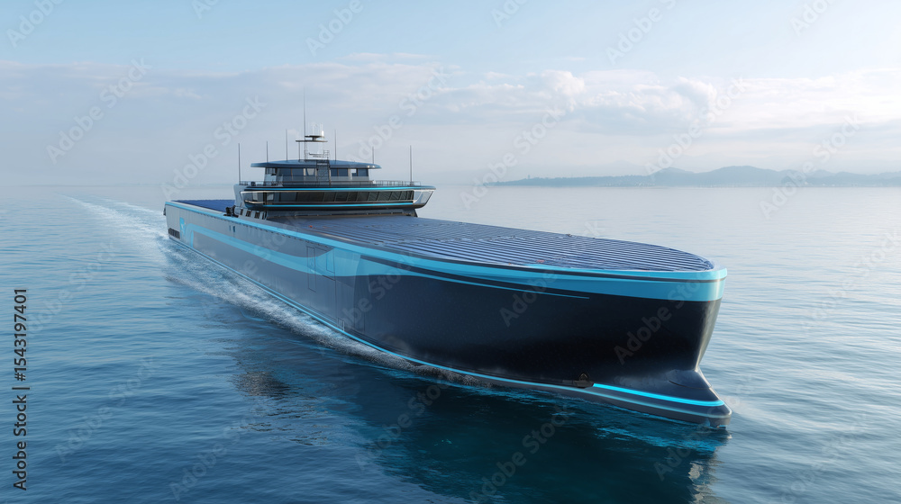 Poster A large cargo vessel navigates smoothly over calm waters, featuring a modern design and solar panel array on top. The ship operates autonomously, enhancing transport capabilities in open waters.