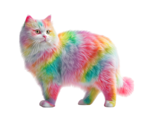 Cute  and adorable cat with rainbow fur isolated on a transparent background