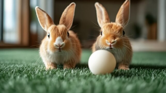 Two adorable rabbits sit curiously beside a white egg on lush green grass, capturing the essence of innocence and the charm of springtime in a delightful, playful moment.