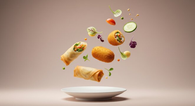 Floating culinary delights. A vibrant composition of spring rolls, croquettes, and fresh vegetables descending onto a white plate