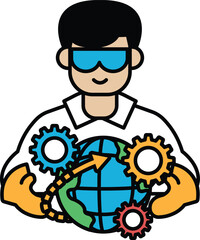 A man is holding a globe and gears in his hands