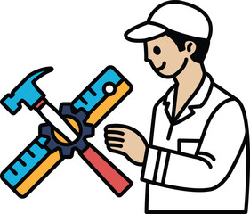 A man is holding a hammer and a ruler