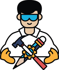 A man in a white lab coat holding a hammer and a pair of pliers