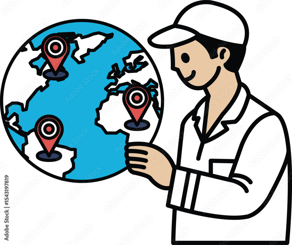 Poster a man is pointing at a globe with pins on it
