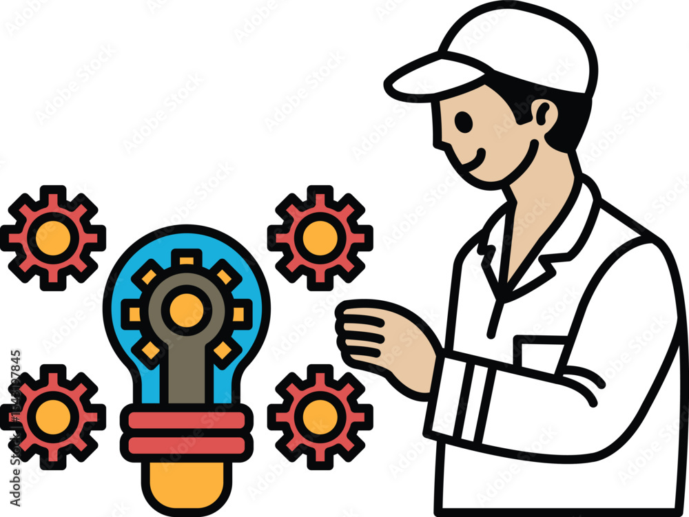 Poster a man is standing in front of a light bulb with a bunch of gears around it