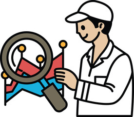 A man is looking through a magnifying glass at a map