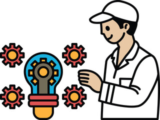 A man is standing in front of a light bulb with a bunch of gears around it