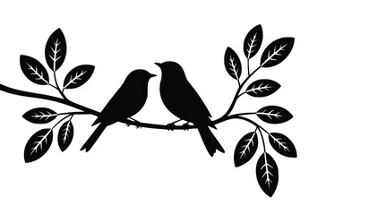Elegant Bird Silhouettes on Branch with Leaves Nature Design Art Print