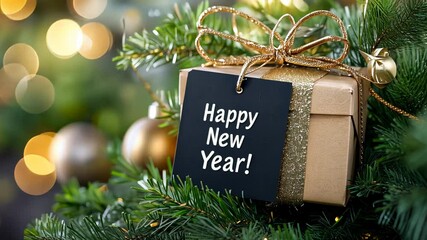 Festive gift on christmas tree with happy new year tag and twinkling lights - Powered by Adobe