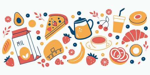 Colorful illustration of breakfast foods and drinks