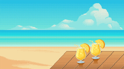Tropical beach pixel art with two pineapple cocktails on a wooden deck. Bright sky, calm sea and summer vacation atmosphere. Vector illustration.