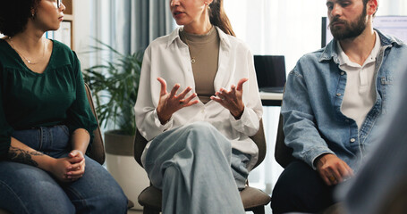 Therapy, discussion and group of business people in office for stress management, psychology or...