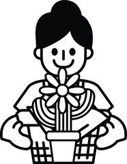 A woman is holding a flower in a basket