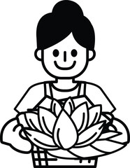 A woman is holding a flower in a basket