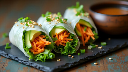 Exquisite spring rolls with vibrant vegetables served on a rustic slate plate, offering a fresh and healthy culinary experience