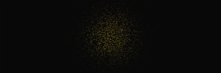 Glitter gold background. Golden sequin twinkle powder. Sparkle glow spray effect on black banner. Magic star. Shimmer luxury texture. Abstract party frame. Vector illustration