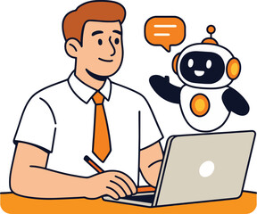 Chatbot and Man Using Laptop, Vector Illustration.