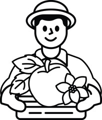 A man is holding a basket of fruit, including an apple and a flower