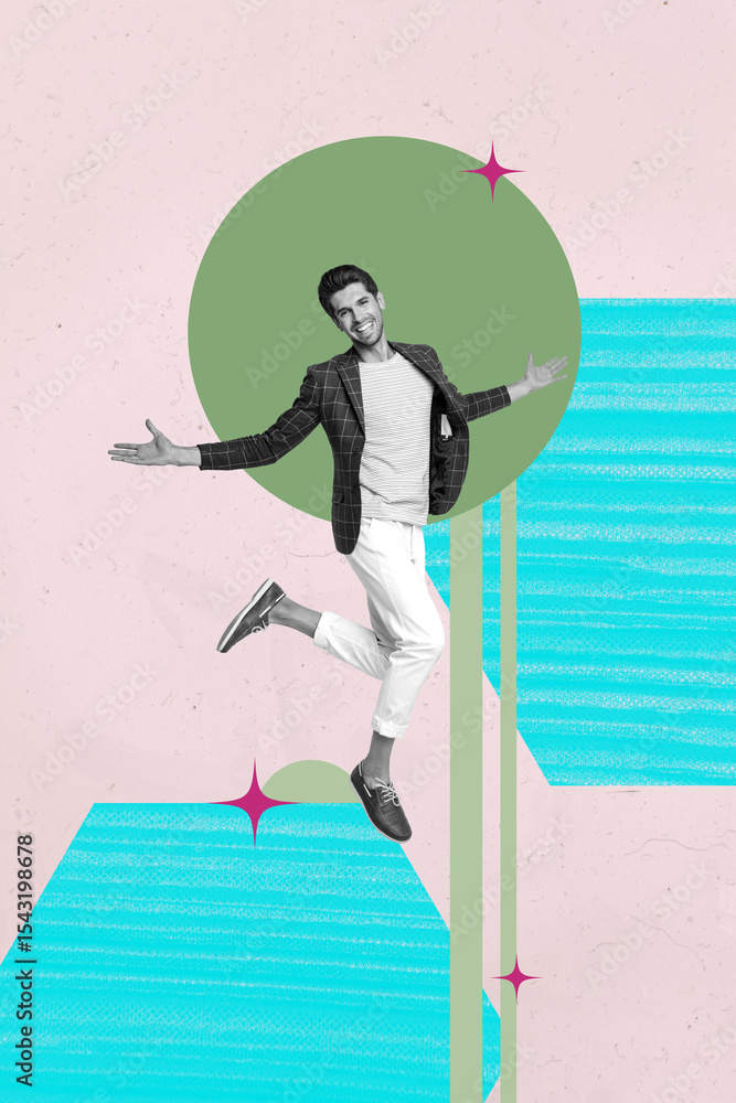 Poster 3d sketch image vertical collage of happy businessman businesswoman stand chart progress stimulus po