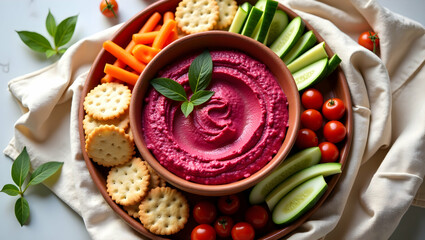 Eye-Catching Electric Pink Beetroot Hummus with Fresh Vegetables and Crispy Crackers on Display